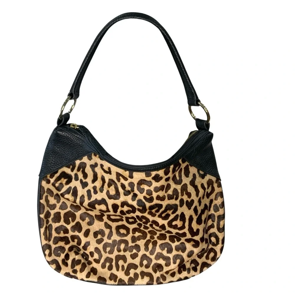 Margot Leopard Print Calf Hair and Black Tan Pebbled Leather Hobo Shoulder Bag